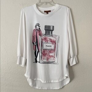 Love + Lace White Graphic Long Sleeve Top Paris Perfume Embellished in XL